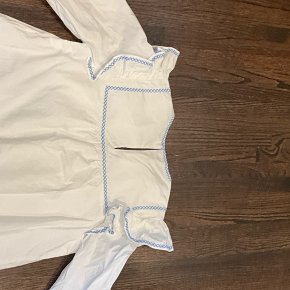 English Factory White Blouse with Blue Embroidered Trim and Ruffle Detail - Picture 7 of 8